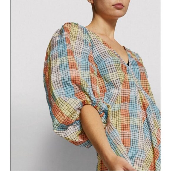 💕GANNI💕 Seersucker Check Dress ~ Midi Tent Plaid Picnic Balloon Sleeve Size 40 - Picture 11 of 16